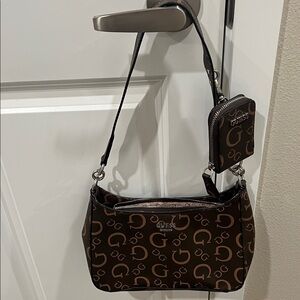 GUESS Brown Logo Shoulder Bag with Coin Pouch Charm